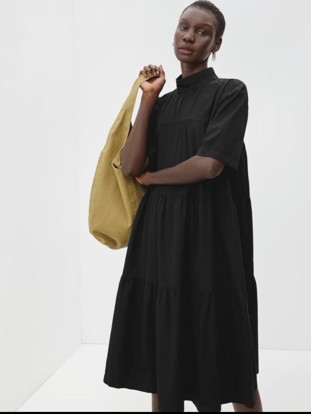 EVERLANE The Tiered Mockneck Black Dress Size Medium Oversized 100% Cotton